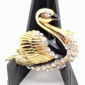Classic Swan Brooch Pin Black Enamel Gold Tone Clear Rhinestone Pave VTG READ